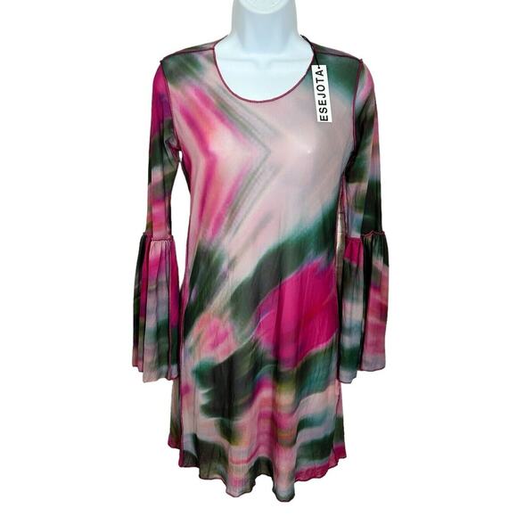 Esejota Azalea Mesh Sheer Short Dress Size Medium Long Bell Sleeves - Picture 4 of 9